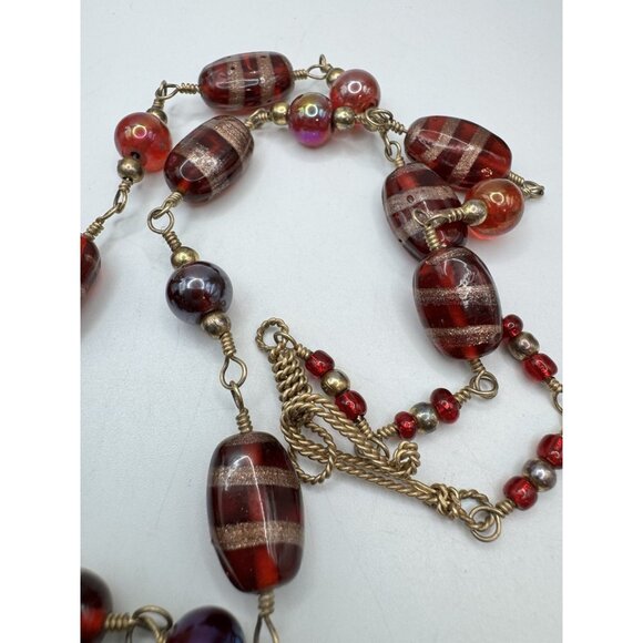 Murano Style Ruby Red Gold Foil Glass Beaded Necklace Venetian Lampwork Pretty - Picture 4 of 8